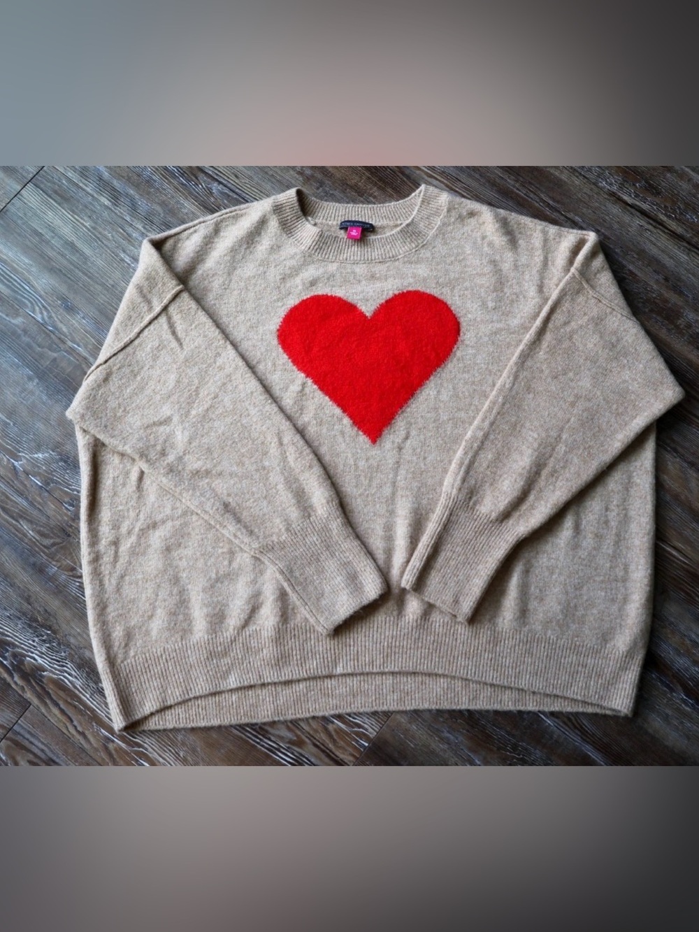 Vince Camuto Beige Red Heart Oversized Sweater Ribbed Knit Soft Girl Womens XL